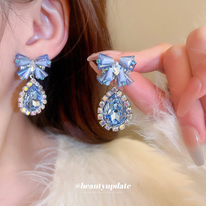 Blue Bow and Crystal Teardrop Statement Earrings Statement Jewelry