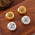 Gold Steel Sun Circle Stud Earrings Blue Oil Drip Center view 4