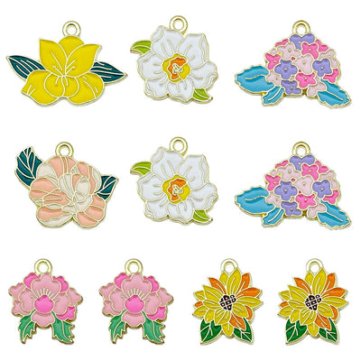 Colorful flower charms arranged on a light background