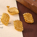 Wheat Leaf Texture Stud Earrings Gold And Steel Metal Finish view 2