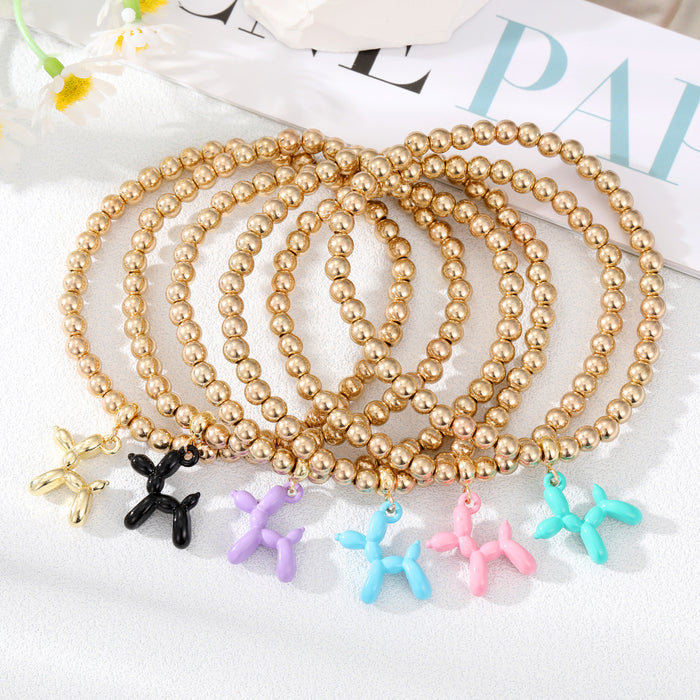 Gold Tone Beaded Balloon Dog Charm Stretch Bracelets