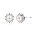 Silver Tone White Pearl Halo Clear Crystal Stud Earrings view 2