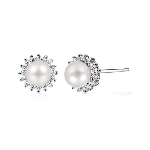 Silver white pearl clear crystal halo studs isolated on white