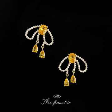 Gold-Tone Pearl Bow Yellow Crystal Drop Earrings Pair