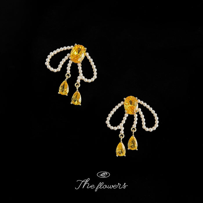 Gold-Tone Pearl Bow Yellow Crystal Drop Earrings Pair