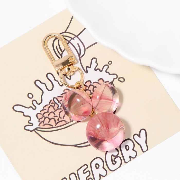 Pink Marble Bead Keychain Gold Clasp Three Round Charms