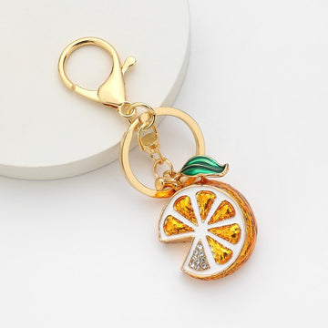 Orange Slice Enamel Rhinestone Fruit Keychain Gold Tone