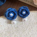 Blue Fabric Flower Stud Earrings In Two Designs Jewelry view 7