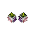 Multicolor Square Faceted Stone Stud Earrings in Silver Tone view 5