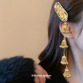 Gold Tone Floral Crystal Barrette With Three Bell Cluster Tassels view 4