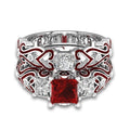 Colored Square Stone Ring Pair with Scroll Pattern Bands view 8