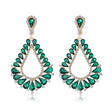 Green Silver Tone Green Teardrop Fan Openwork Crystal Four Designs Metal Dangle Earrings