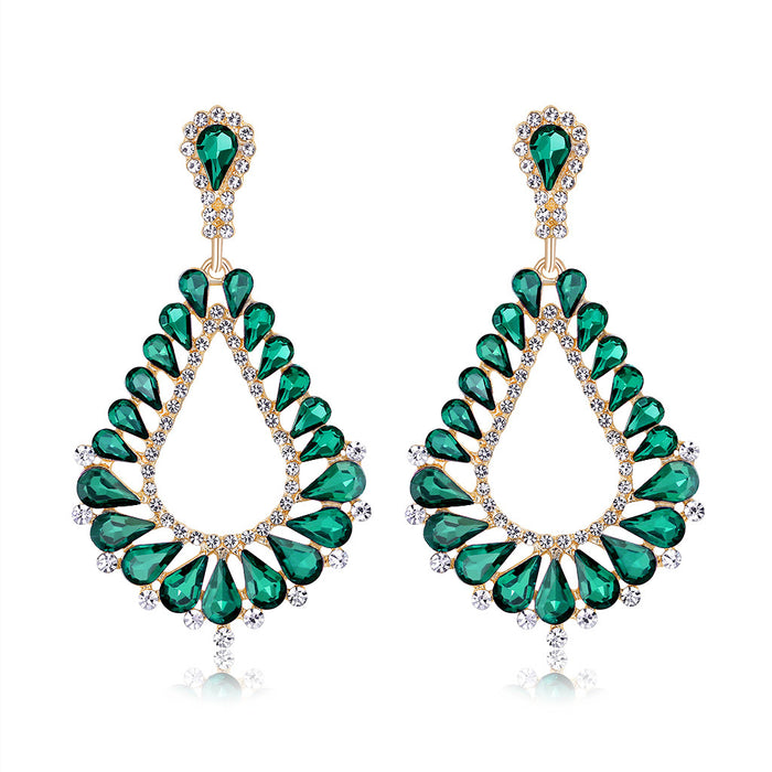 Green Silver Tone Green Teardrop Fan Openwork Crystal Four Designs Metal Dangle Earrings