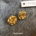 Gold Tone Woven Rose Knot Textured Statement Stud Earrings view 3