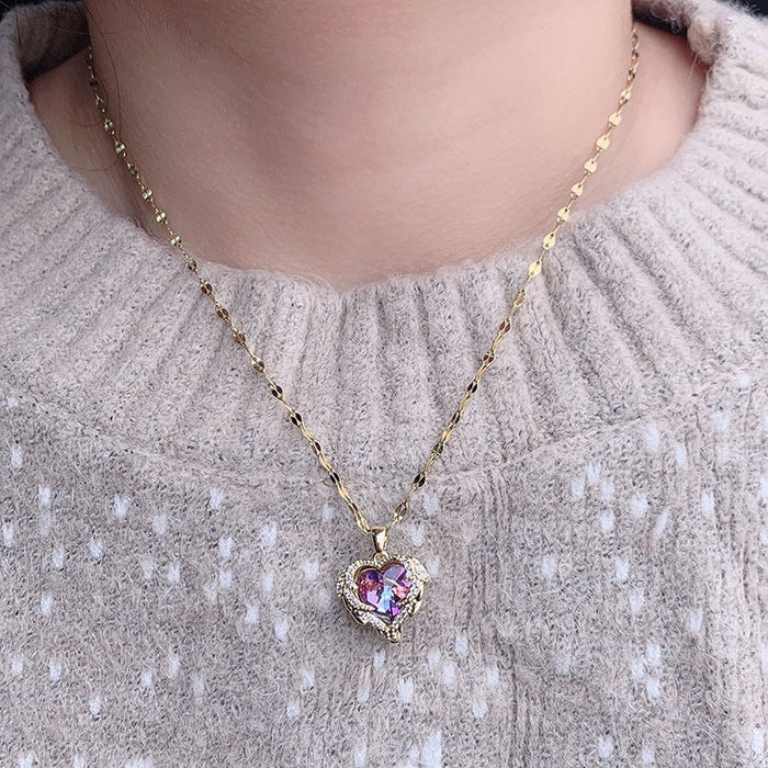Gold Heart Multicolor Crystal Pendant Satellite Chain Necklace
