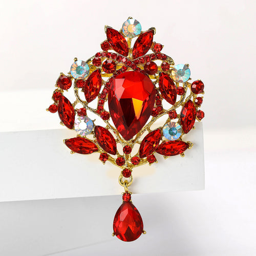 Angled view of the oversized crystal teardrop brooch