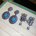Purple and Blue Crystal Floral Drop Earrings with Teardrops view 3