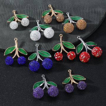 Sparkle Rhinestone Double Cherry Pendant Glitter Enamel Leaf Two Tones