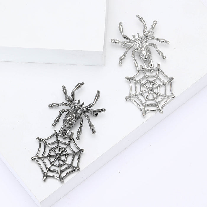Spider and Web Dangle Brooch Hammered Body Silver and Black