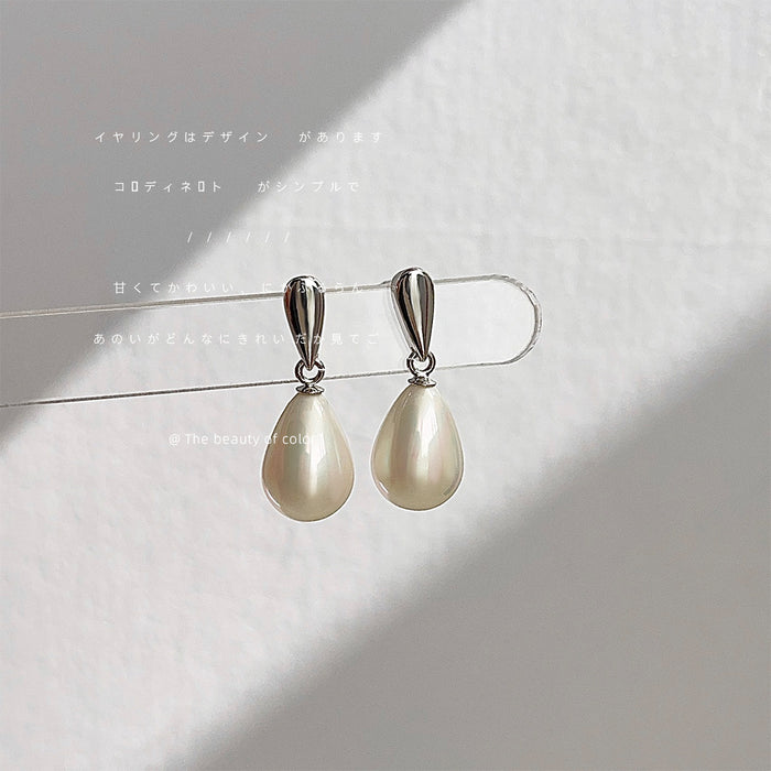 Silver Tone Teardrop Stud White Pearl Drop Earrings
