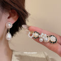 Gold Black White Enamel Rose Pearl Checker Heart Earring Set view 2