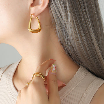 Thick U Shape Geometric Hoop Earrings Gold Or Steel Tone