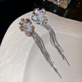 Floral Long Chain Tassel Stud Earrings in Silver and Gold Tones view 6