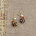 Gold Hook Pearl Amber Glass Rose Disc Drop Earrings view 4