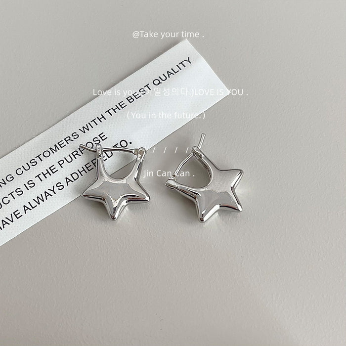 Silver-Tone Polished Five-Point Star Huggie Hoop Earrings