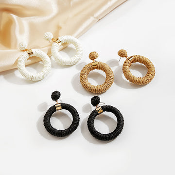 White Brown and Black Raffia Wrapped Round Dangle Earrings