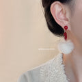 Red Stud White Fur Pom Pom Drop Earrings Pair Style view 2