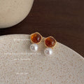 Gold Amber Geometric Stud Earrings White Pearl Drop Accents view 3