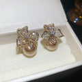 Light Gold Crystal Flower and Pearl Earrings in Two Fastenings view 6