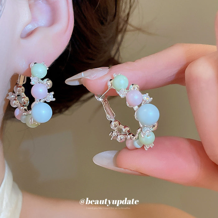 Pastel Beaded Hoop Earrings With Pearl and Floral Details