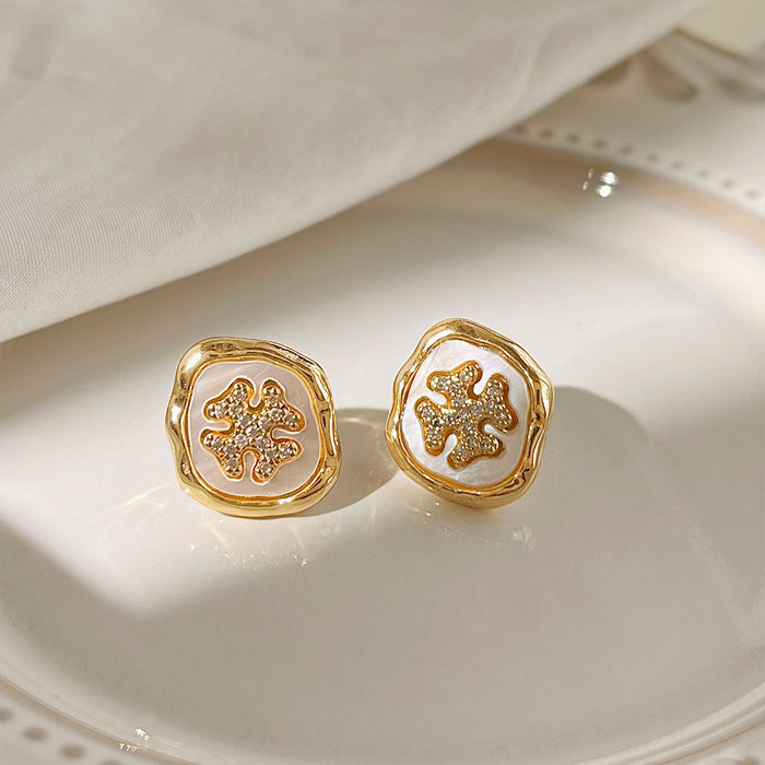 Gold Irregular Shell Flower Pave Zircon Mother-of-Pearl Stud Earrings