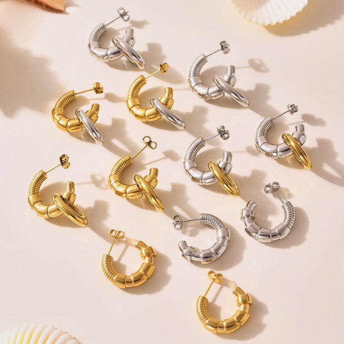 Geometric C Hoop Stud Earrings Ring Drop Gold Steel Mix