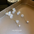 White Flower Pearl Long Chain Hook Earrings Statement Pair view 3