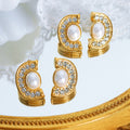 C-Shape Rhinestone Pearl Stud Earrings Gold Steel Tones view 2