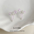 Silver Tone Lavender Ribbon Bow Clear Stone Flower Stud Earrings view 4