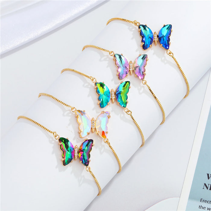 Gold Tone Faceted Crystal Butterfly Slider Bracelets in Five Colors