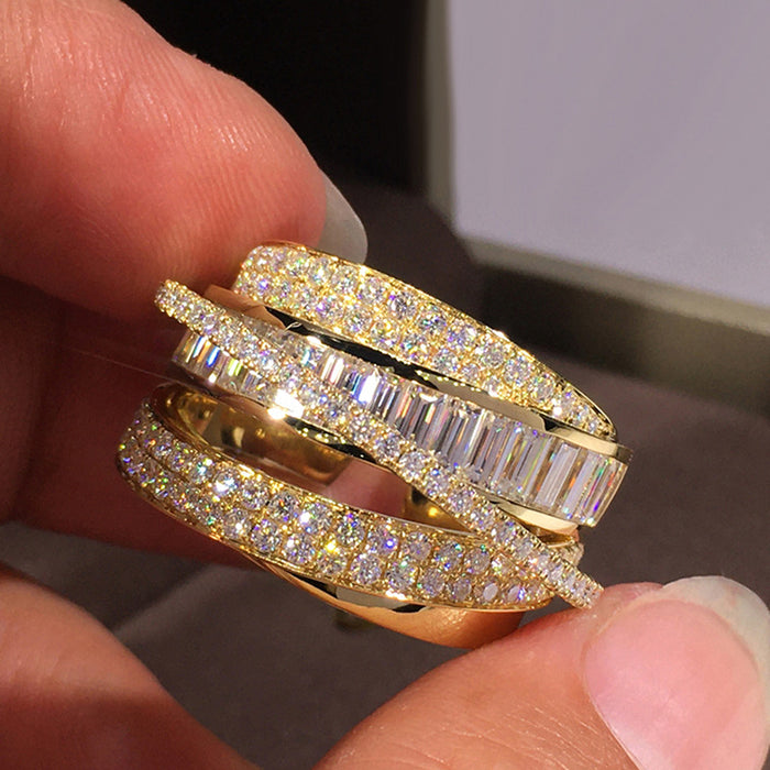 Gold Tone Multi Band Open Adjustable Baguette Pavé Ring