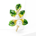 Green Enamel Leaf Branch Brooch with Two Pearls Clothing Pin view 2