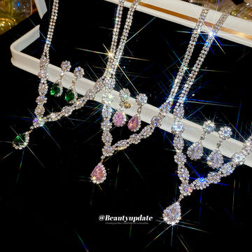 Silver Rhinestone Teardrop Pendant Necklace Earring Sets