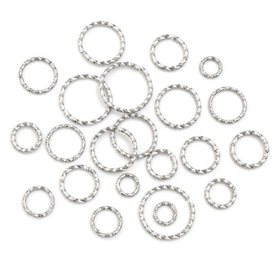 Twisted stainless steel jump rings showing the overall assortment