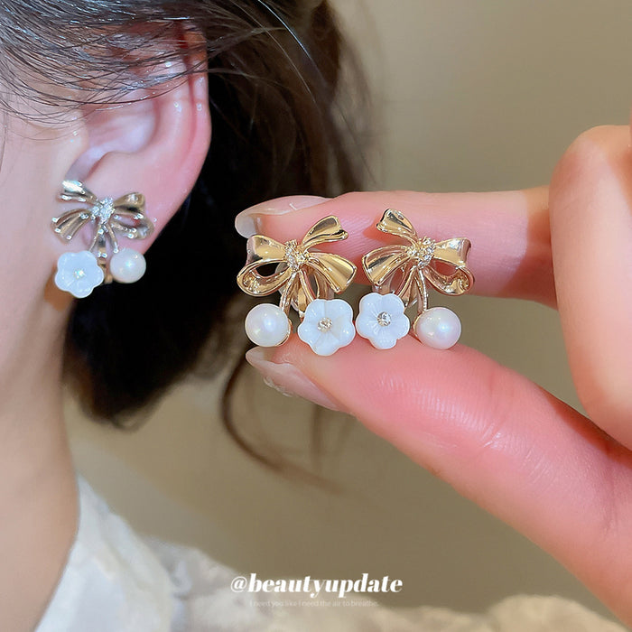 Bow Flower and Pearl Drop Ear Clips in Gold and Silver