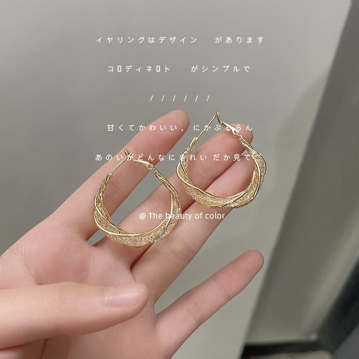 Gold Tone Twisted Lattice Mesh Hoop Earrings Hinged Pair