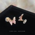Pink Enamel Butterfly Stud Earrings Gold Crystal Accents view 6