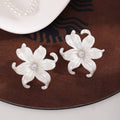White Pearlescent Lily Flower Stud Earrings Clear Center Crystal view 4