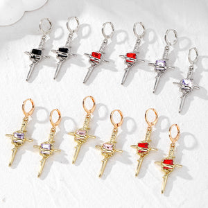 Gold and Silver Tone Crystal Dagger Huggie Drop Earrings