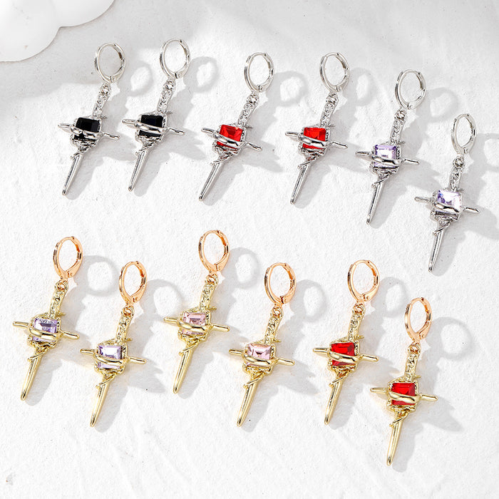 Gold and Silver Tone Crystal Dagger Huggie Drop Earrings